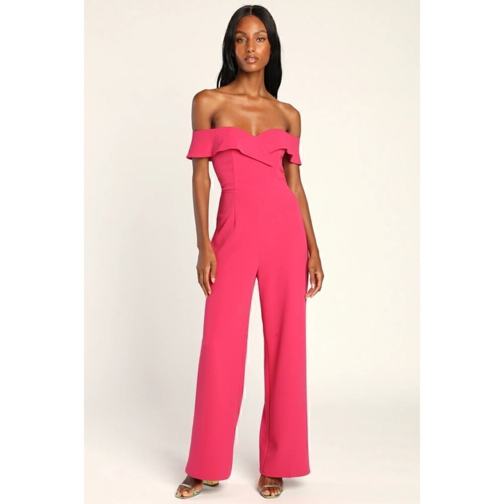 Lulus Love Me Tomorrow Jumpsuit Off The Shoulder Wide Leg Hot Pink NWT Size XS